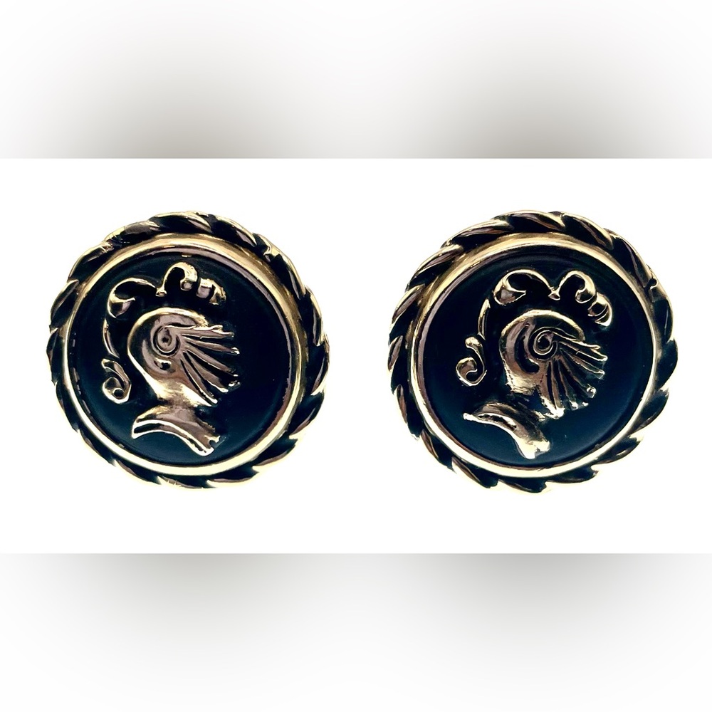 Vintage Knight Themed Round Cufflinks Raised Helmet on Black Matte Background